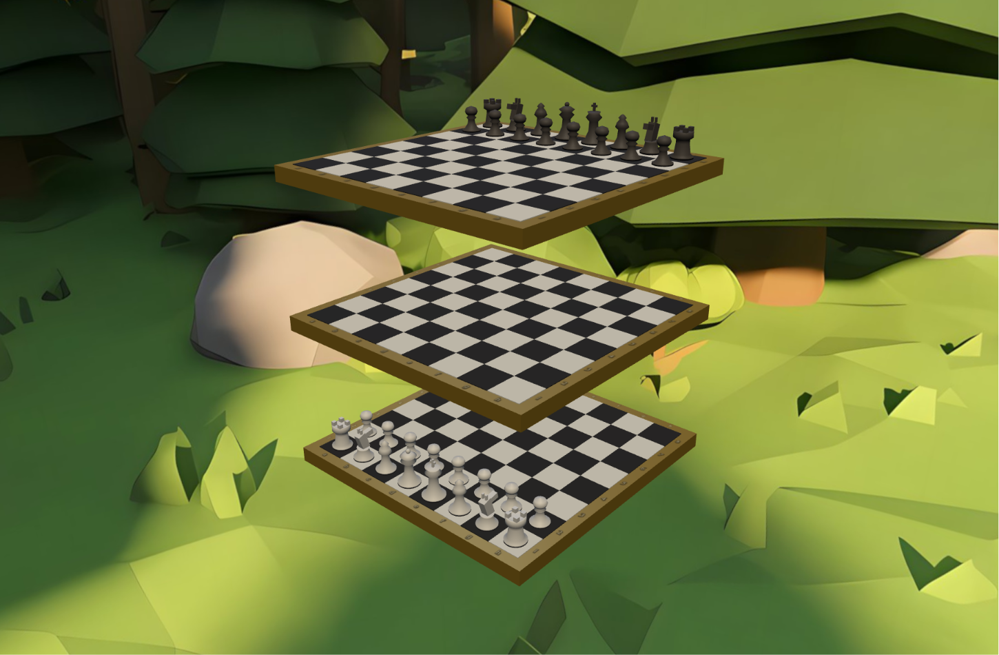 Three chessboards stacked one above another